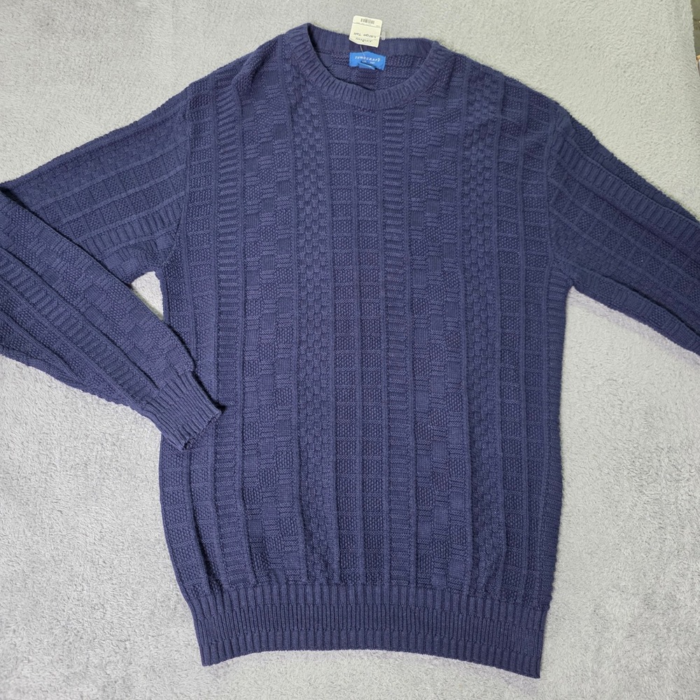 Towncraft Mens Large Tall Sweater Navy Blue Cotton Cable Knit Crewneck USA Made